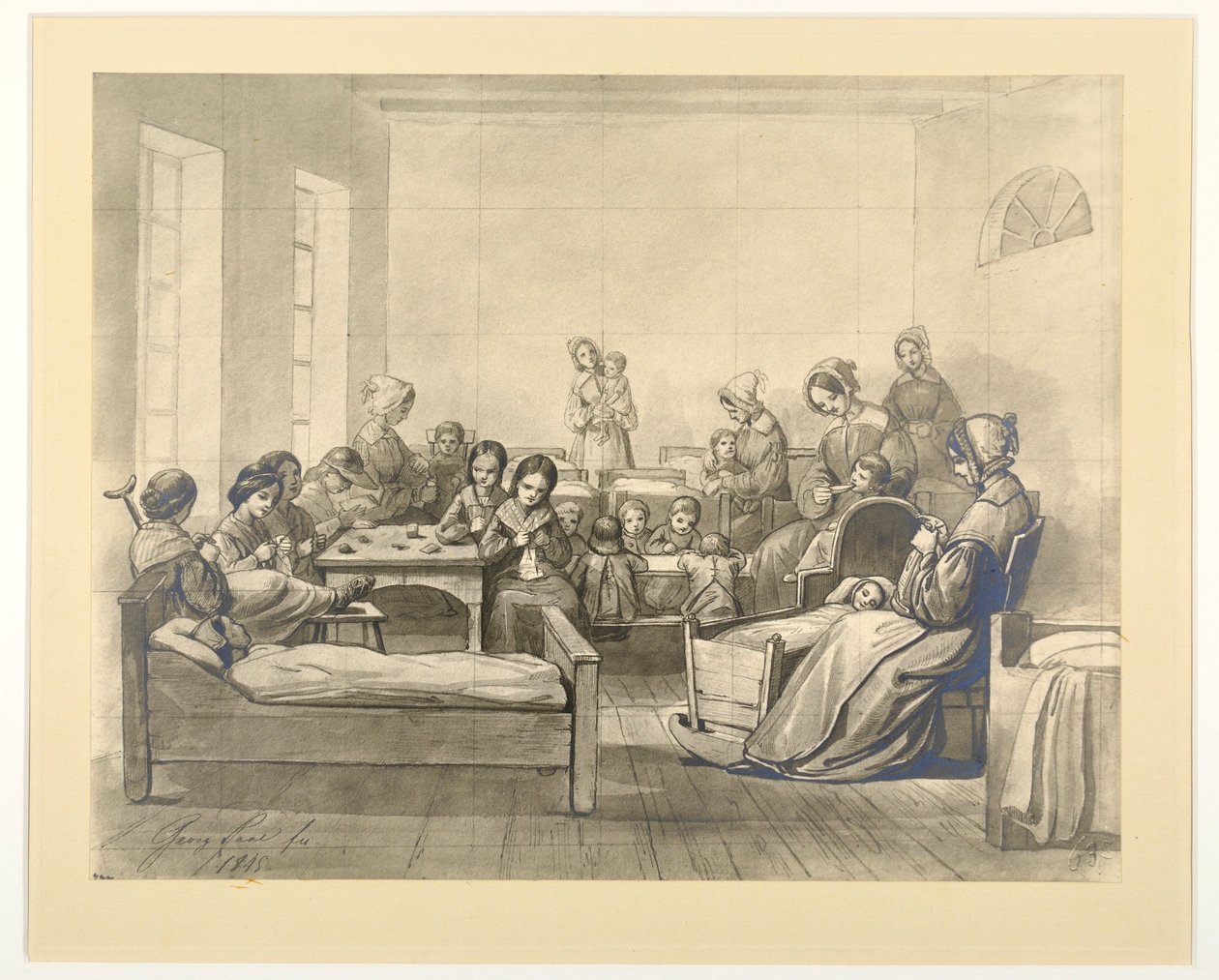 Kinder-Kranken-Saal, osastokohtaus lasten ja diakonissien kanssa Kaiserswerthissä, 1845 tekijältä J.B. Sonderland