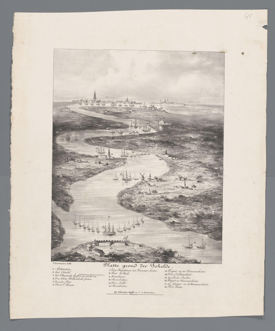 Walk of the Scheldt Fort Bathista Antwerpeniin, 1832 Scheldtin kartta (otsikko esineessä) tekijältä J.B. Clermans