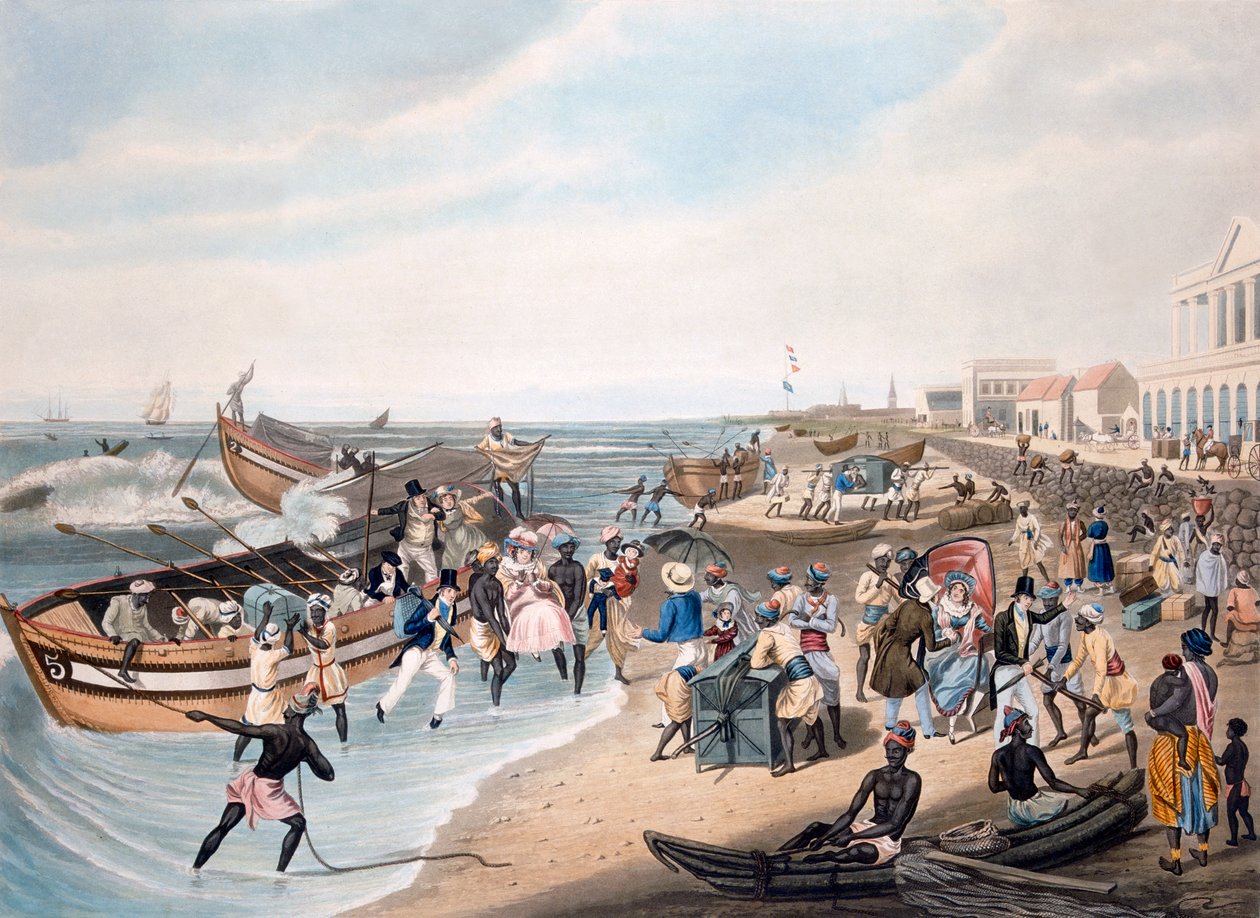 Madras Landing, kaiverrus C. Hunt, julkaissut Ackermann und Co., 1856 (akvatinta) tekijältä J.B. East