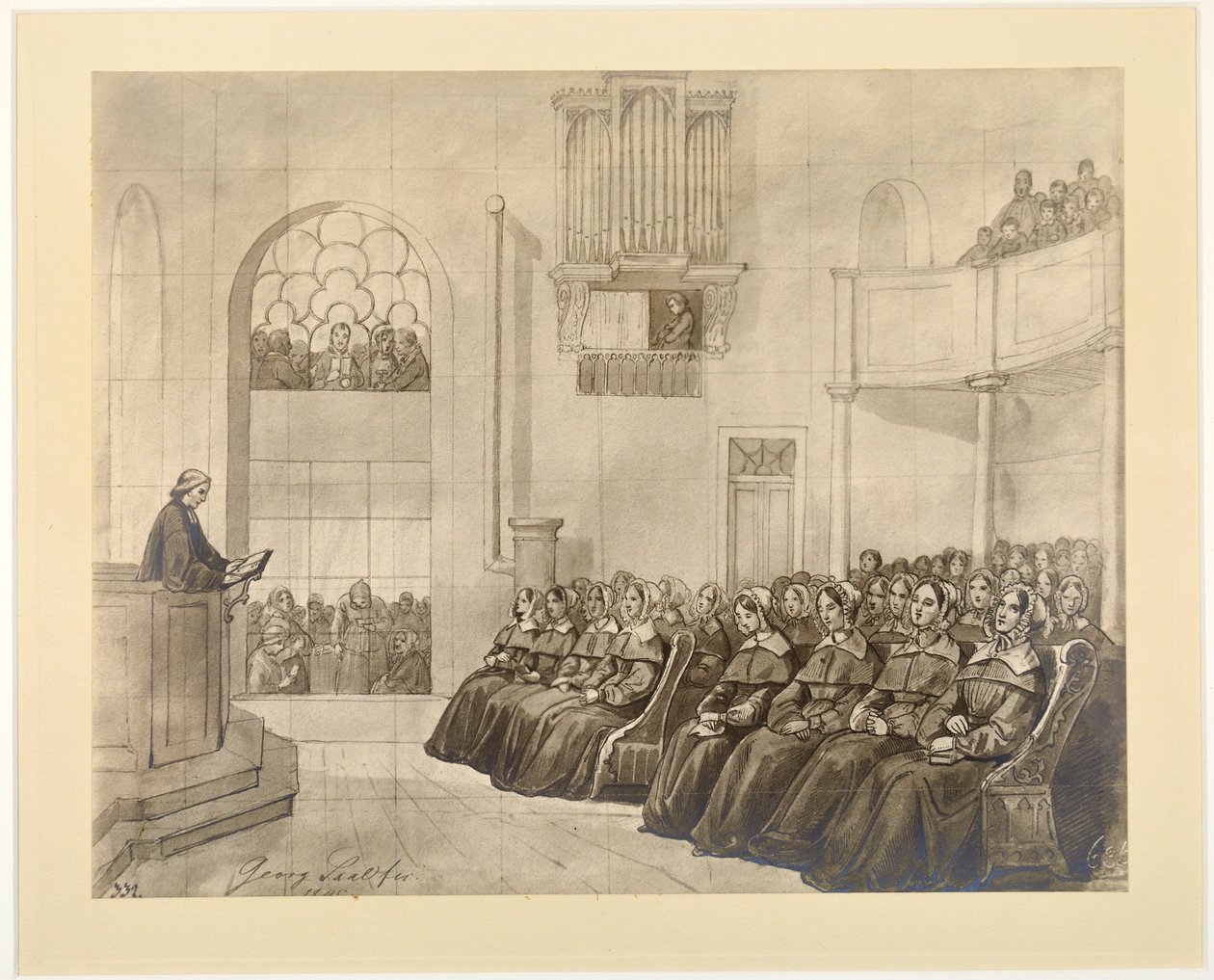 Diaconissen-Kirche, pastori Fliedner saarnaa diakonissoille Kaiserswerthin kappelissa, 1840 tekijältä J.B. Sonderland
