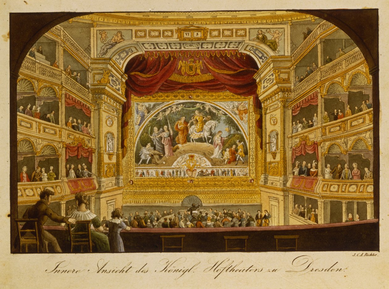 Dresdenin kuninkaallisen teatterin sisustus, n. 1845 (käsinvärinen kaiverrus) tekijältä J.C.A. Richter