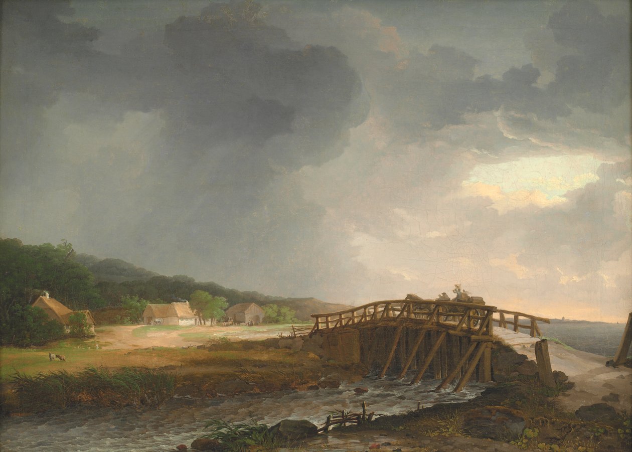 Silta Tryggevælde-joen yli, josta on näkymät Køgeen, Seelantiin tekijältä Johan Christian Dahl