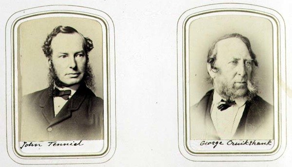 Sir John Tennielin (1820-1914) ja George Cruikshankin (1792-1878) muotokuvia n. 1860 (albumiprintti) tekijältä J.C. Watkins