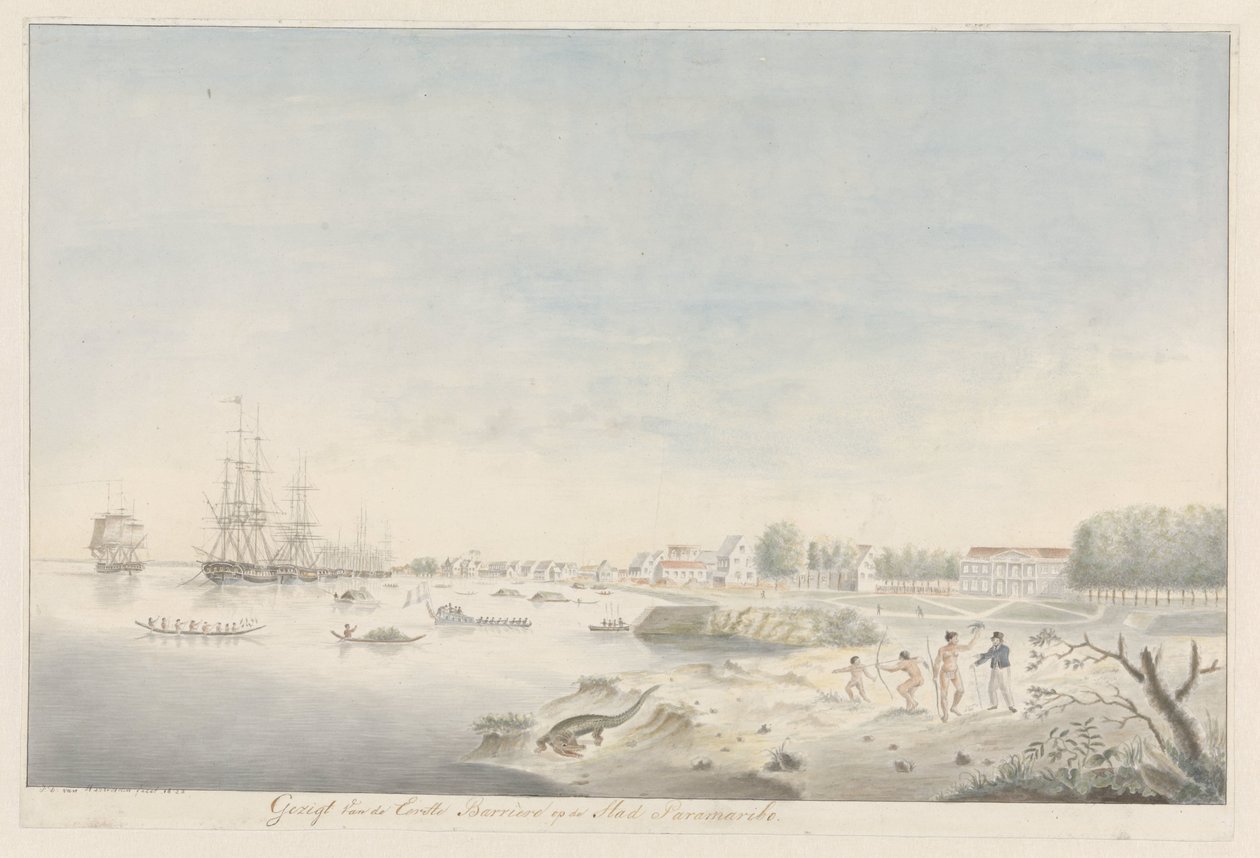 Paramaribon ranta-alue pian vuoden 1821 palon jälkeen tekijältä J.D. van Herwaarden (signed by artist)