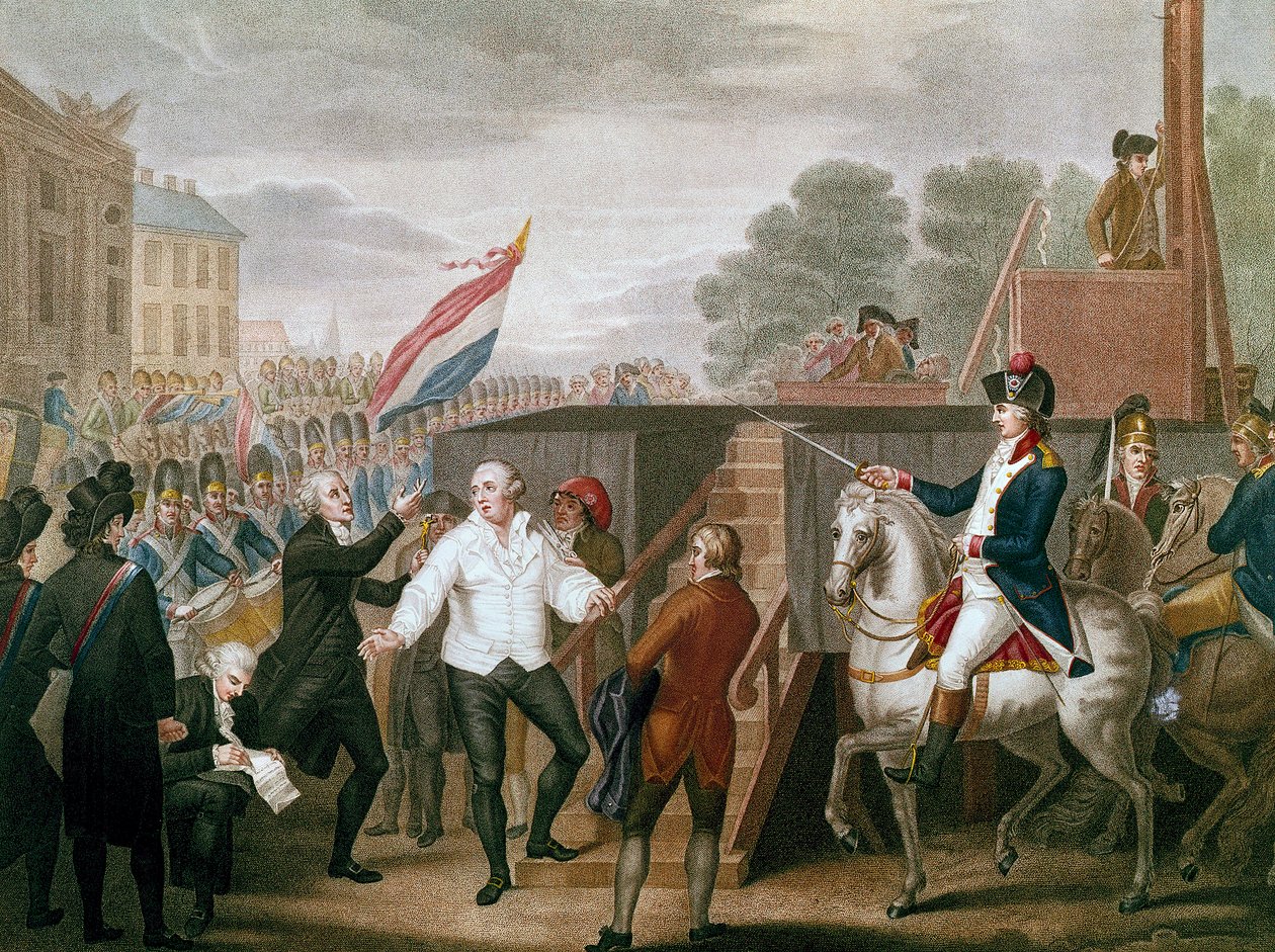 Ranskan vallankumous: “” Kuningas Ludvig XVI tunnustajansa Edgeworthin kanssa 21.1.1793” Kuningas nousemassa rakennustelineille. Kuvitus J. F. Cazenave (1770-?) 1793 tekijältä J.F. Cazenave