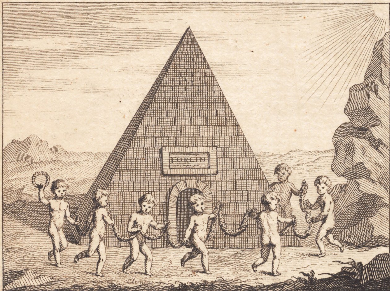 Seitsemän lasta tanssii pyramidin edessä tekijältä J.F. Clemens