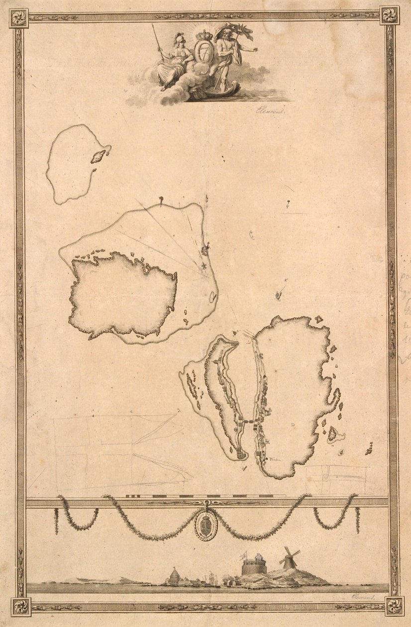 Titelvignet og prospekt til kort over Christiansø tekijältä J.F. Clemens