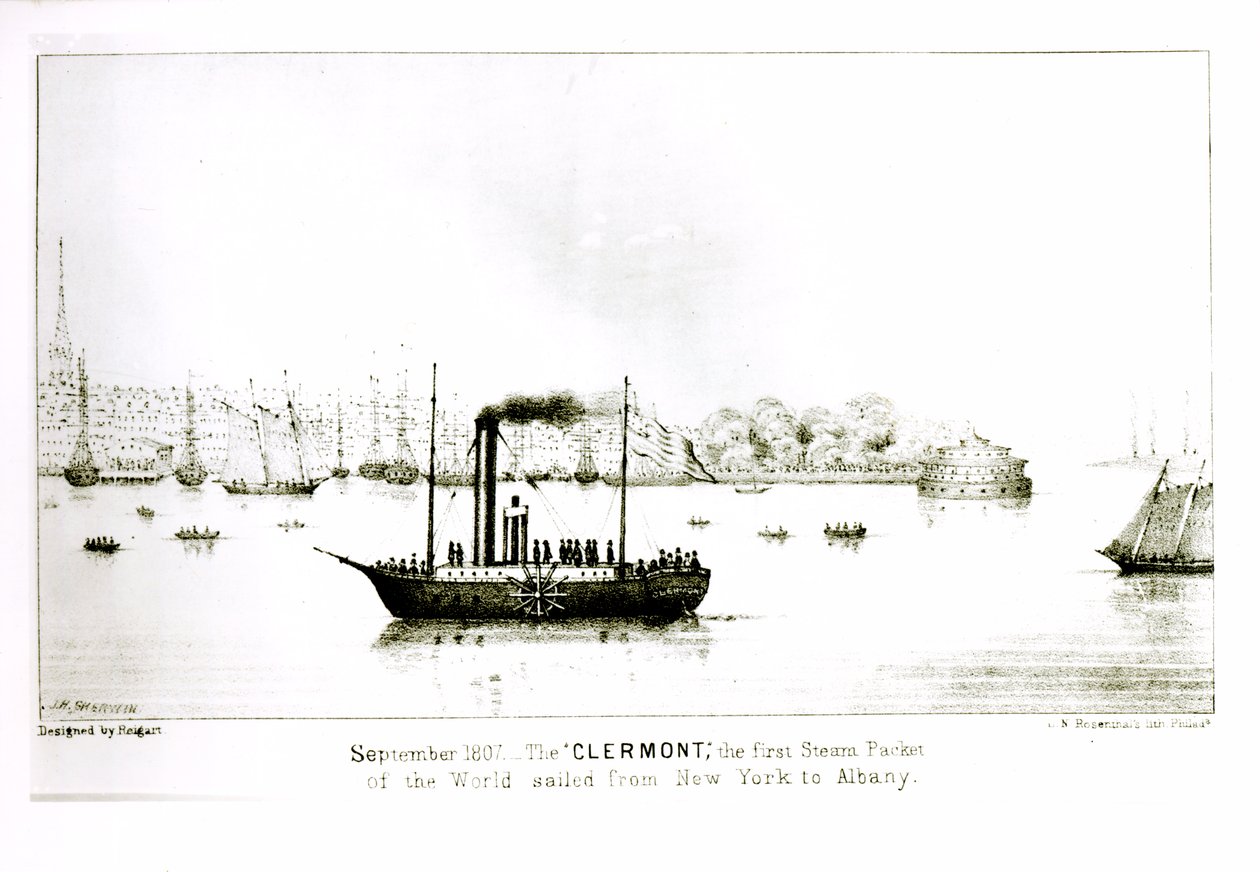"Clermont", ensimmäinen höyrypaketti, joka purjehti New Yorkista Albanyyn syyskuussa 1807, kaiverrettu L.N. Rosenthal (litografia) tekijältä J.H. Sherwin