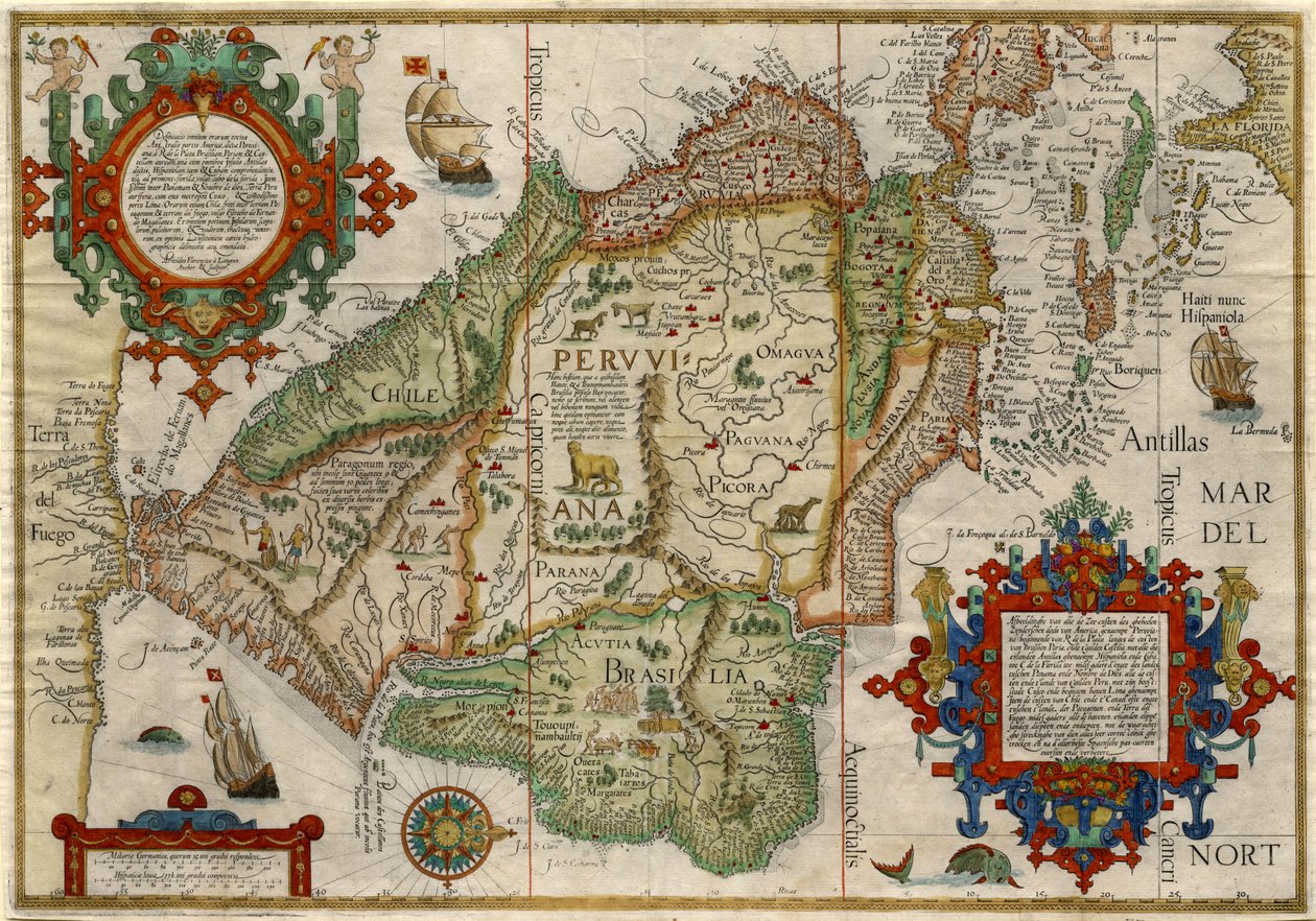 Delineatio omnium orarum totius Australis parties Americae..., noin 1596 (käsinvärjätty kuparikaiverrus) tekijältä J.H. & van Langren A.F. (1571-1644) Linschoten