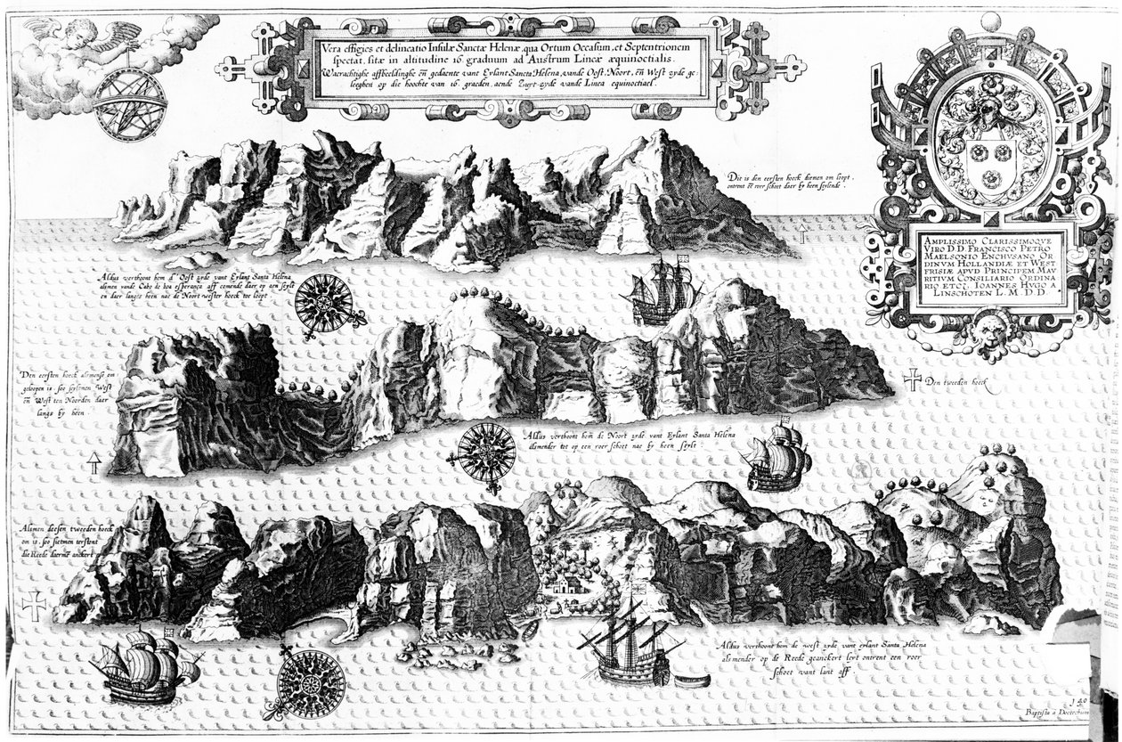 Pyhän Helenan saari, kuvitus Linschoten Itinerariosta, 1596 tekijältä J.H. van Linschoten