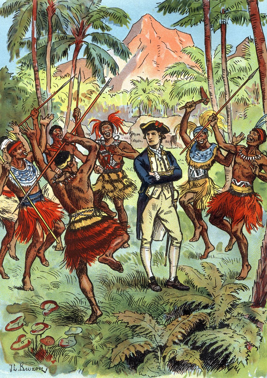 James Cook (1728-1779) ja paikalliset Havaijilla tekijältä J.L Beuzon (fl.1880 1940)