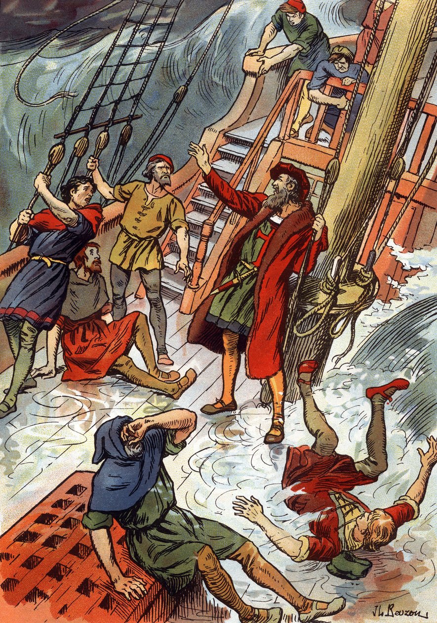 Vasco de Gama täällä myrskyn aikana Hyväntoivonniemellä Etelä-Afrikassa tekijältä J.L Beuzon (fl.1880 1940)