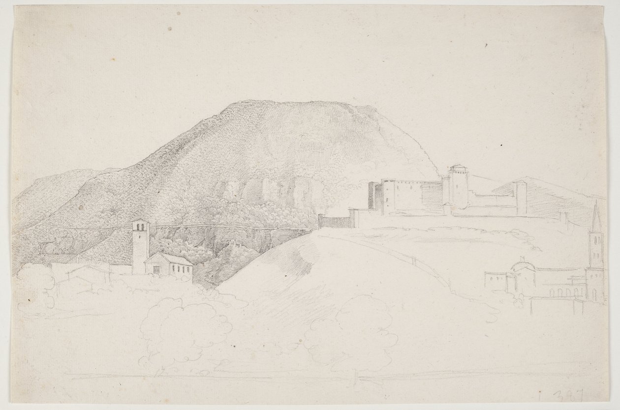 Maisematutkimus vuorella ja rakennuksilla. Spoleto, Italia tekijältä J.L. Lund