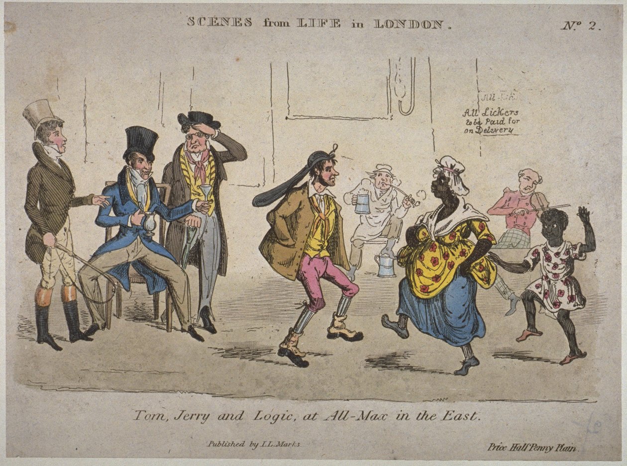 Figuurit juomassa ja tanssimassa valmentajalla ja hevosilla Nightingale Lane -kadulla, kuvitus Pierce Eganin teoksesta "Life in London" (käsinvärinen etsaus) tekijältä J.L. Marks