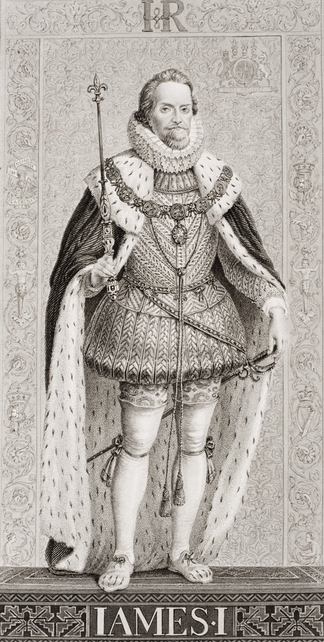 James I (1566-1625) Englannin ja Skotlannin historian kuvituksista, osa I tekijältä J.L. Williams