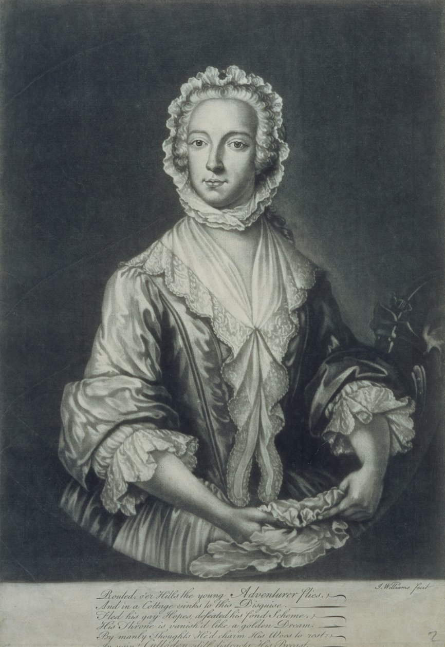 Prinssi Charles naamioitunut "Betty Burkeksi" (mezzotint-kaiverrus) tekijältä J.L. Williams