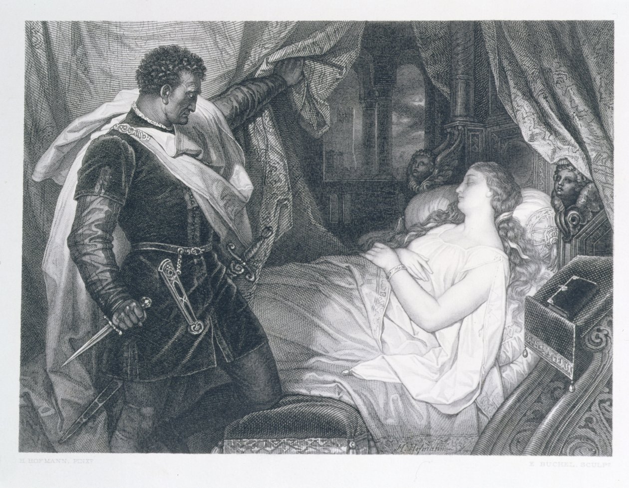 Othello ja Desdemonda, kaiverrus Eduard Buchel (1835-1903) tekijältä J.M.F. Heinrich