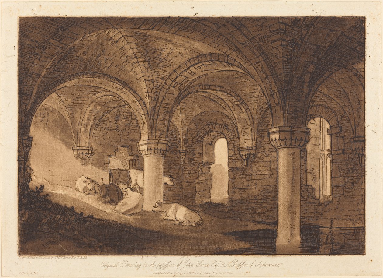 Kirkstall Abbeyn krypta, julkaistu 1812. tekijältä Joseph Mallord William Turner