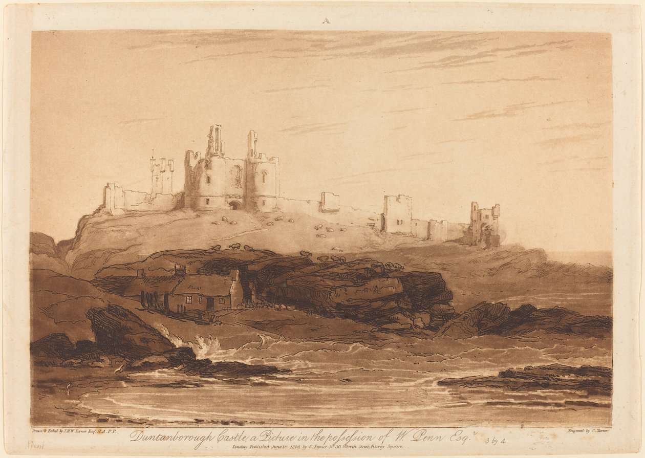Dunstanborough Castle, julkaistu 1808. tekijältä Joseph Mallord William Turner