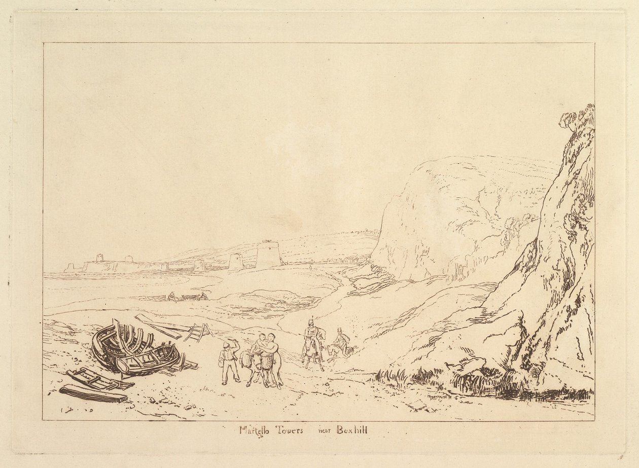 Martello Towers lähellä Bexhilliä, Sussex Book of Studies, osa VII, levy 34, 1811. tekijältä Joseph Mallord William Turner