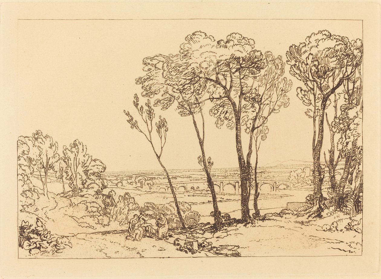The Bridge in Middle Distance, julkaistu 1808. tekijältä Joseph Mallord William Turner