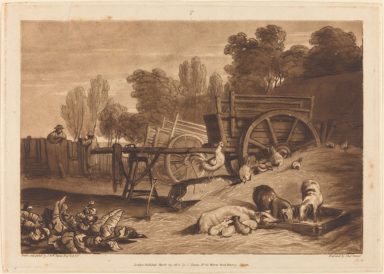 Maatilapiha kukon kanssa, julkaistu 1809. tekijältä Joseph Mallord William Turner