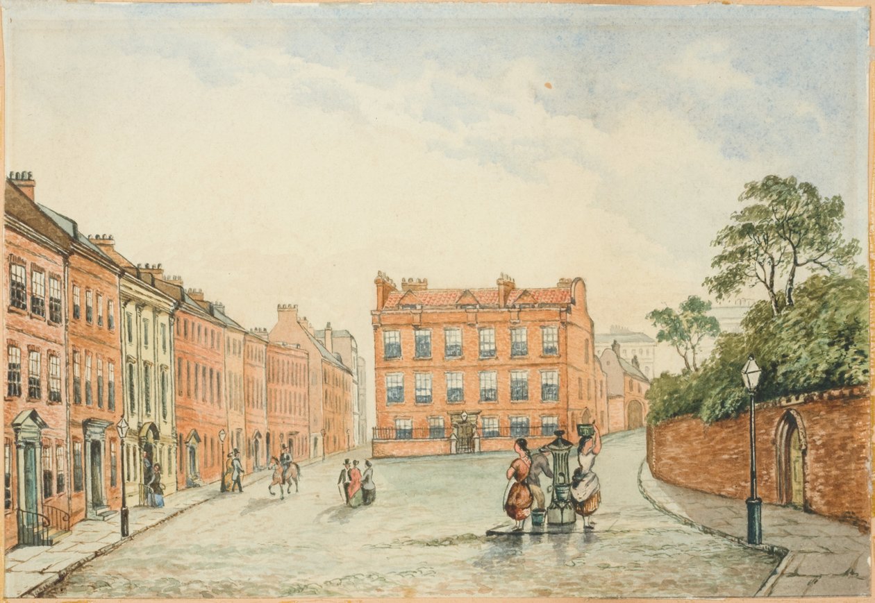 Cross House, jossa Vicars Pump, Newcastlen vartaloväri, kynä ja wc aluksella tekijältä J.R. Dewar
