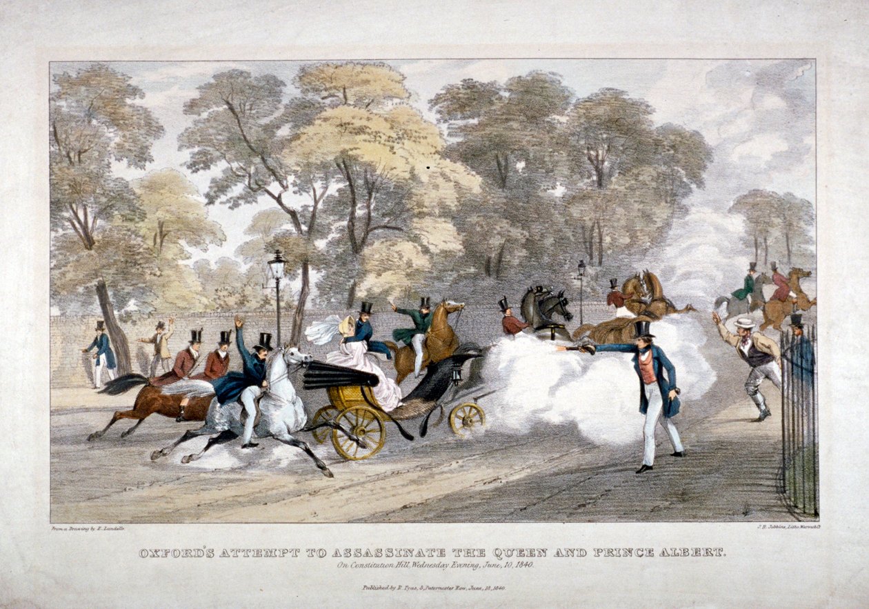 Salamurhayritys kuningatar Victoriaa vastaan, Constitution Hill, Westminster, Lontoo, 1840 tekijältä JR Jobbins