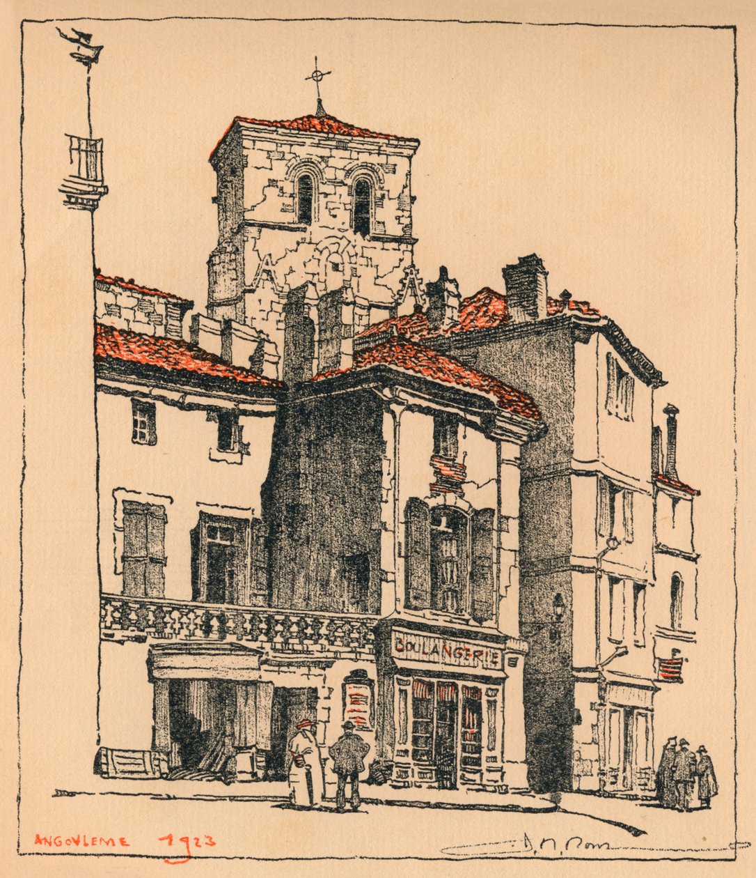 Place du Murier, jossa on Pyhän Andrean kirkon torni, Angouleme, Ranska, 1924 tekijältä JR Rowe