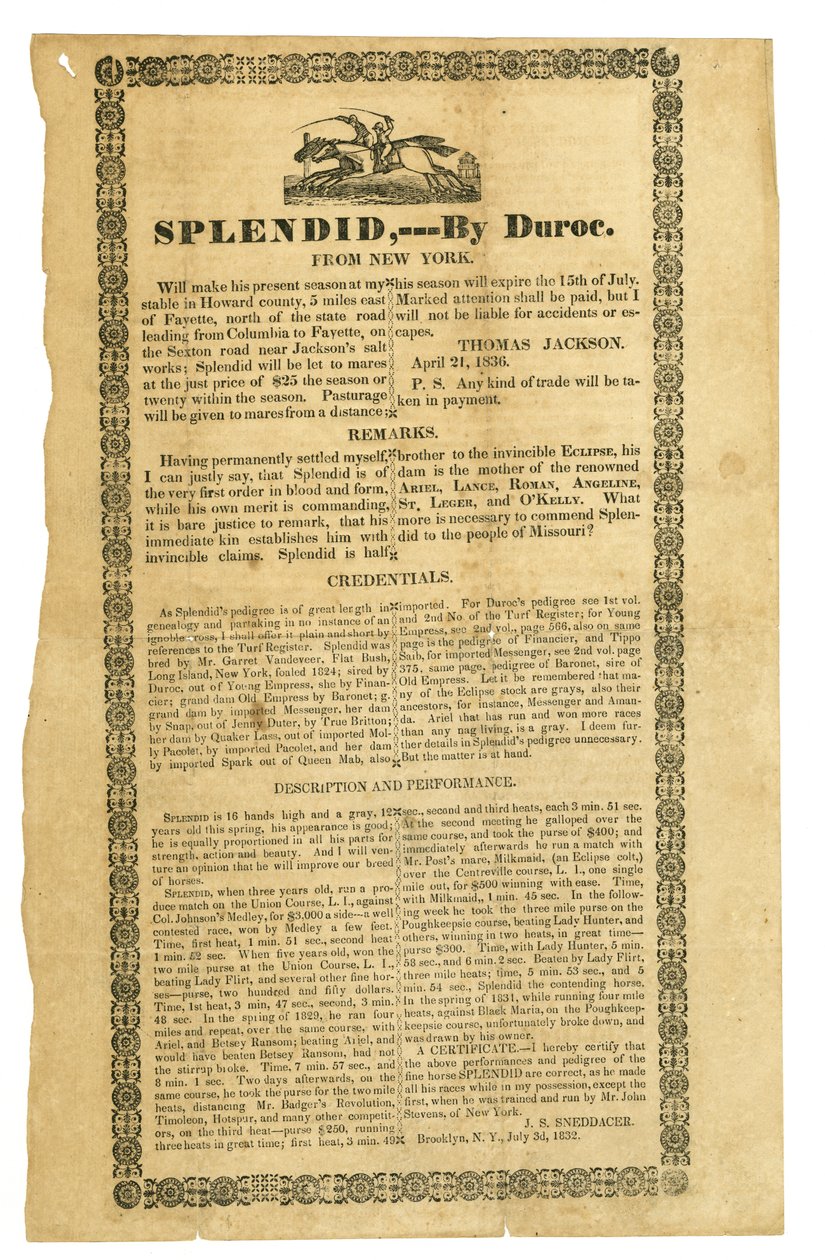 Sertifioinut Duroc, Brooklyn, NY, 3. heinäkuuta 1832 tekijältä J.S. Sneddacer