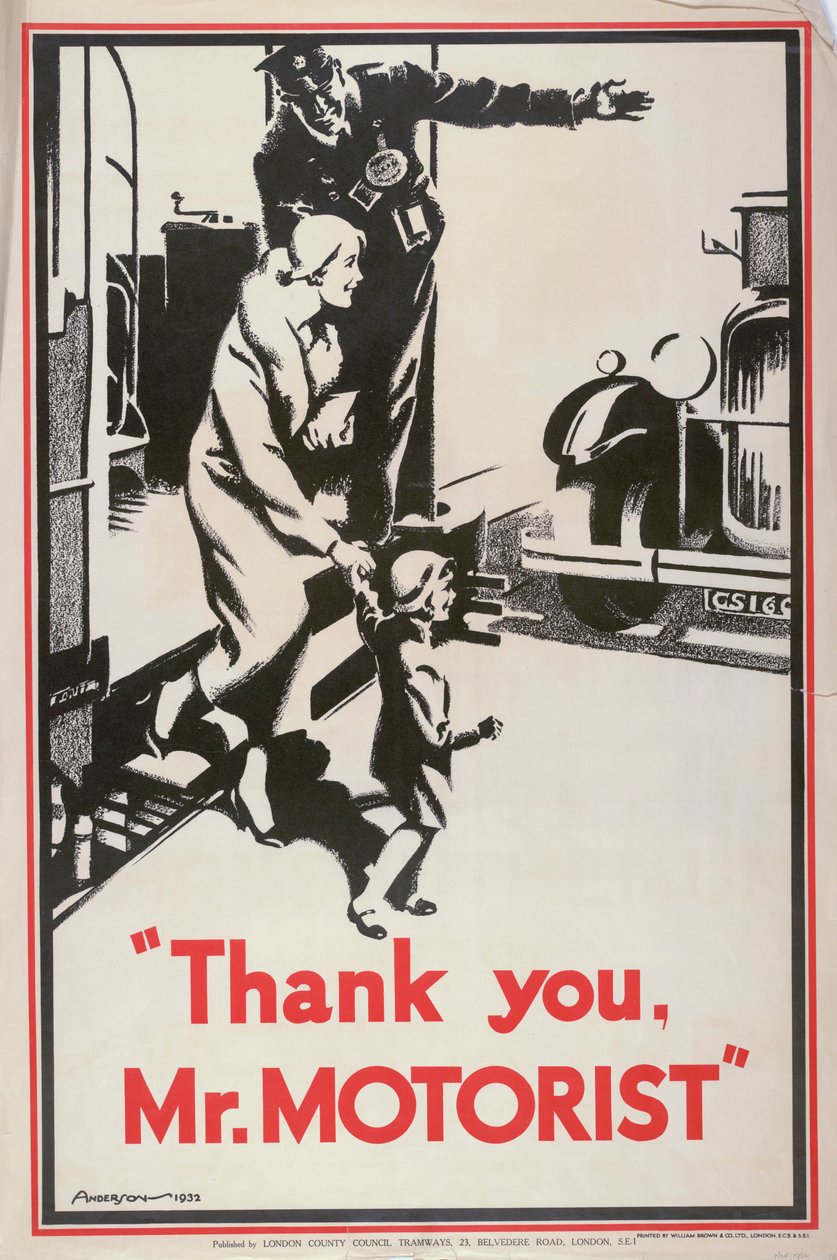 "Thank You Mr Motorist", Lontoon kreivikuntaneuvoston LCC Tramways -juliste, 1932 tekijältä JS Anderson