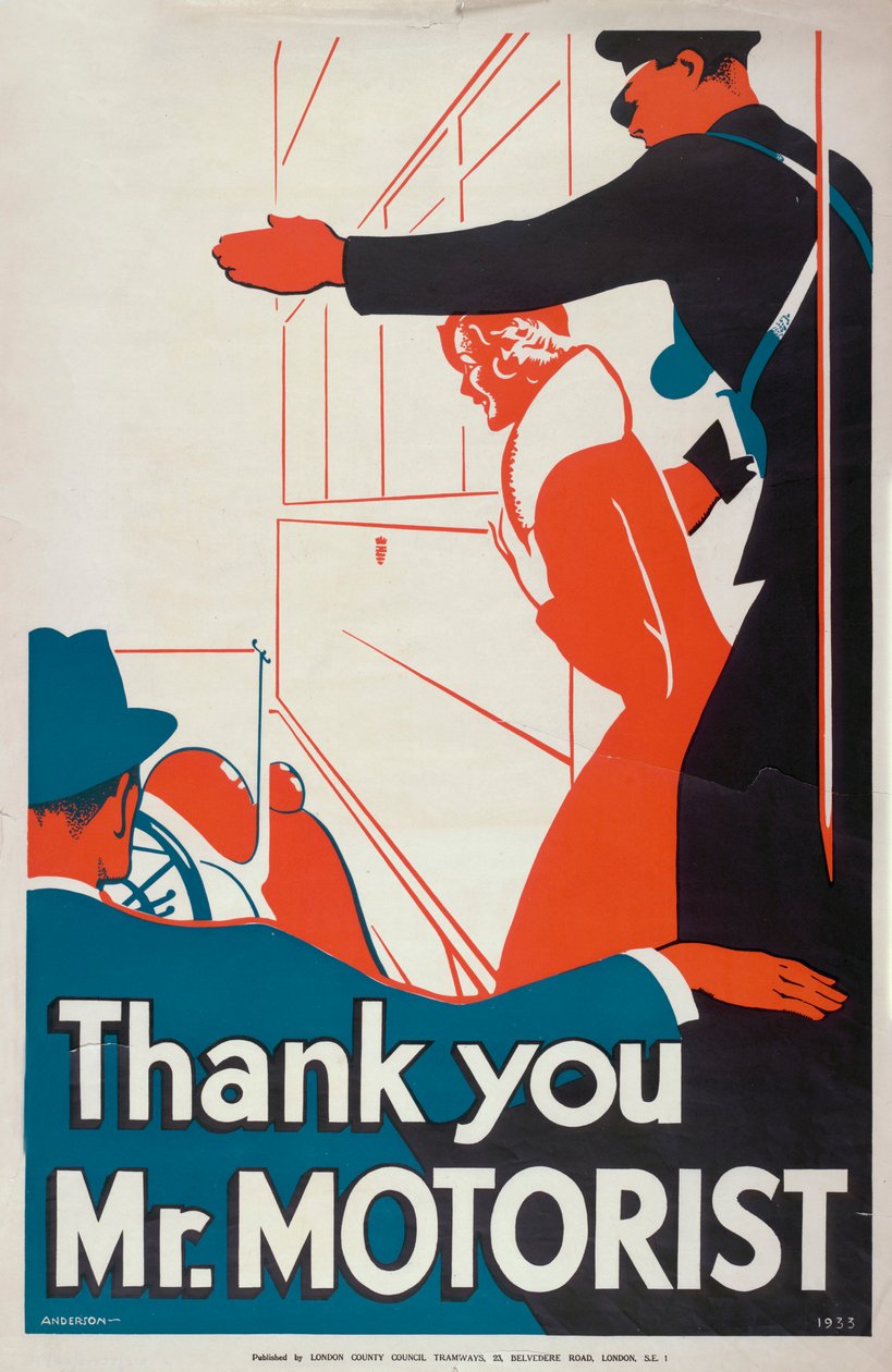"Thank You Mr Motorist", London County Council LCC Tramways -juliste, 1933 tekijältä JS Anderson