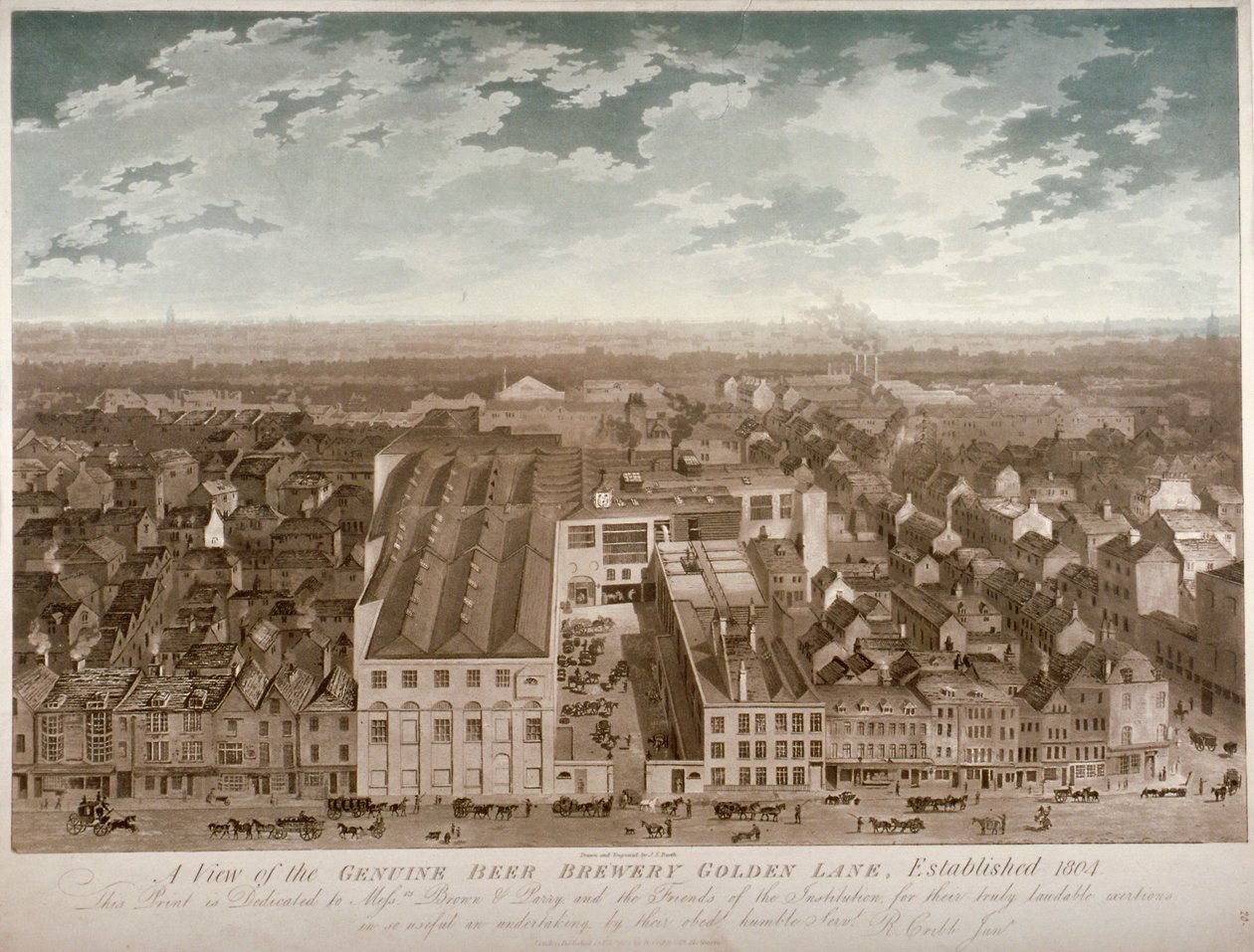 Ilmakuva Genuine Beer Brewery -panimosta, Golden Lane, City of London, 1807 tekijältä JS Barth