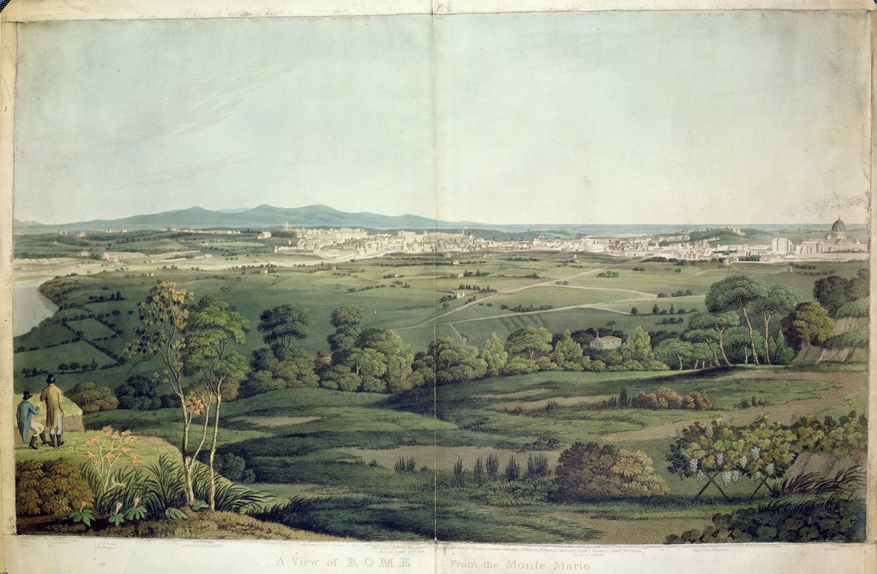 Näkymä Roomaan Monte Mariosta, kaiverrus Dubourg, 1811 (käsinvärinen kaiverrus) tekijältä J.T. Middleton