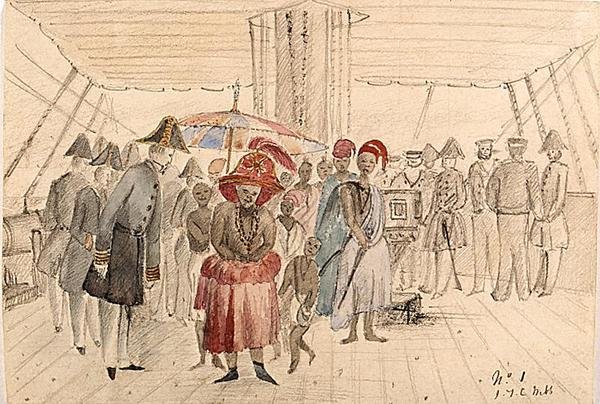 Länsi-Afrikan päälliköt merivoimien aluksella, n. 1850 (akvarelli ja kynä paperille) tekijältä J.T.C. Webb