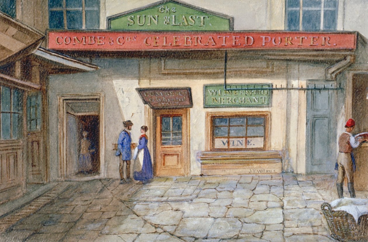 Näkymä aurinkoon ja viimeiseen majataloon Newgate Marketissa, Paternoster Square, Lontoon kaupunki, 1867 tekijältä JT Wilson