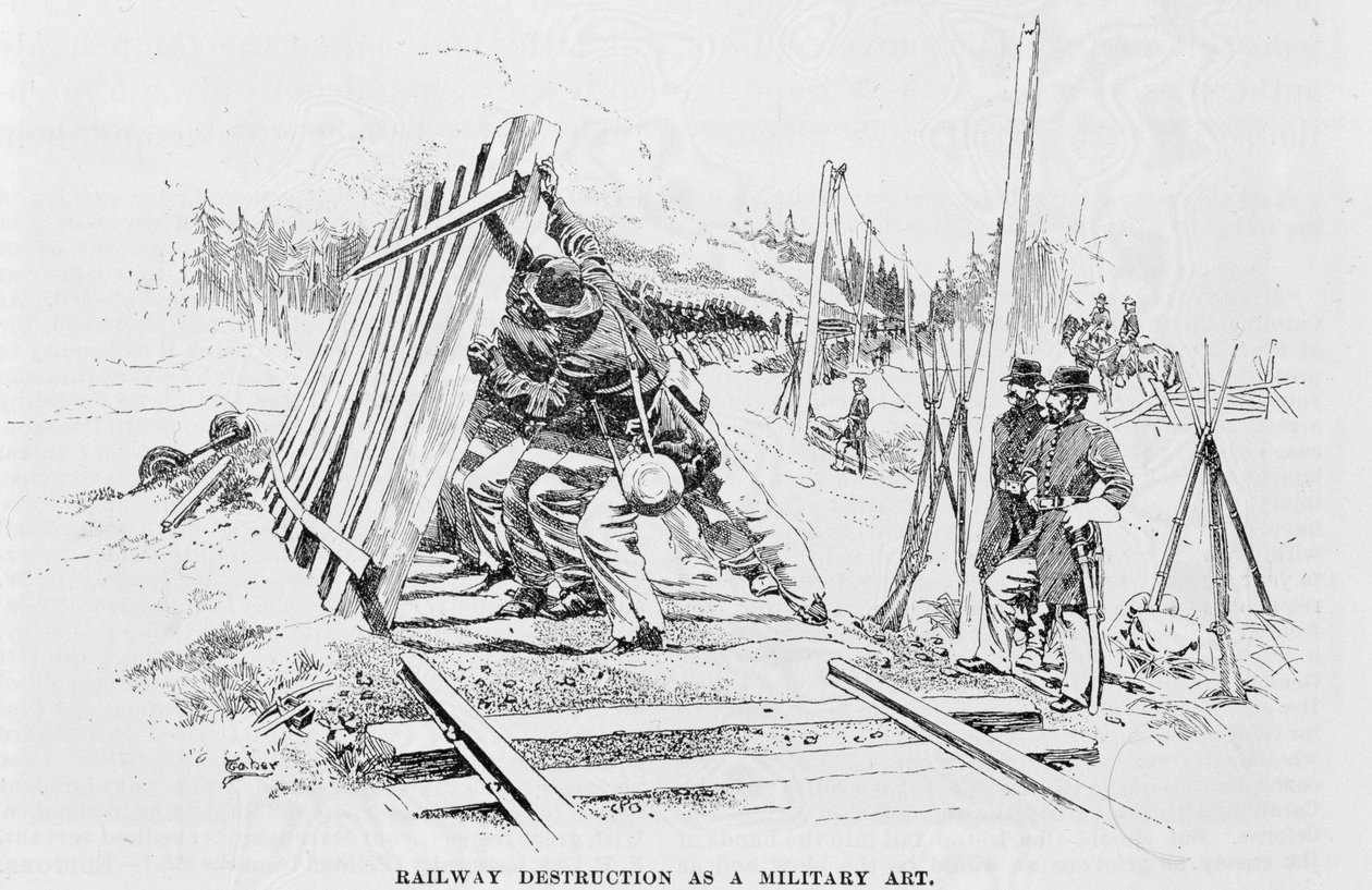 Rautateiden tuhoaminen sotataiteena, kuvitus teoksesta "Battles and Leaders of the Civil War", toimittajina Robert Underwood Johnson ja Clarence Clough Buel Rail; kappaleet; purkaminen; tehdä työtä tekijältä W. Taber
