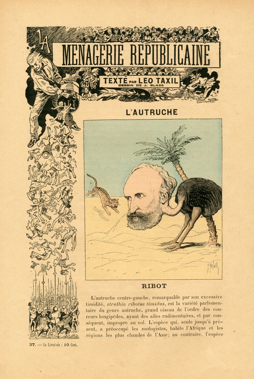 Menagerie Republicaine Humoristinen galleria kolmannen tasavallan päähenkilöistä, numero 37, Satirique en Couleurs tekijältä J. (1847 1892) Blass