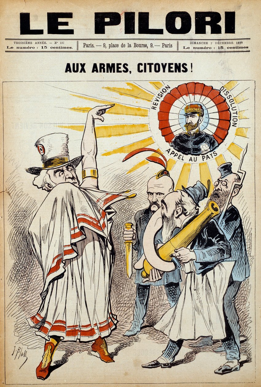 Yksi sanomalehti "" pilleri"": "" kansalaisille aseita! "" 2. joulukuuta 1888 mielenosoituksen aikana kenraali Boulangeria vastaan. Kuvitus J. Blass