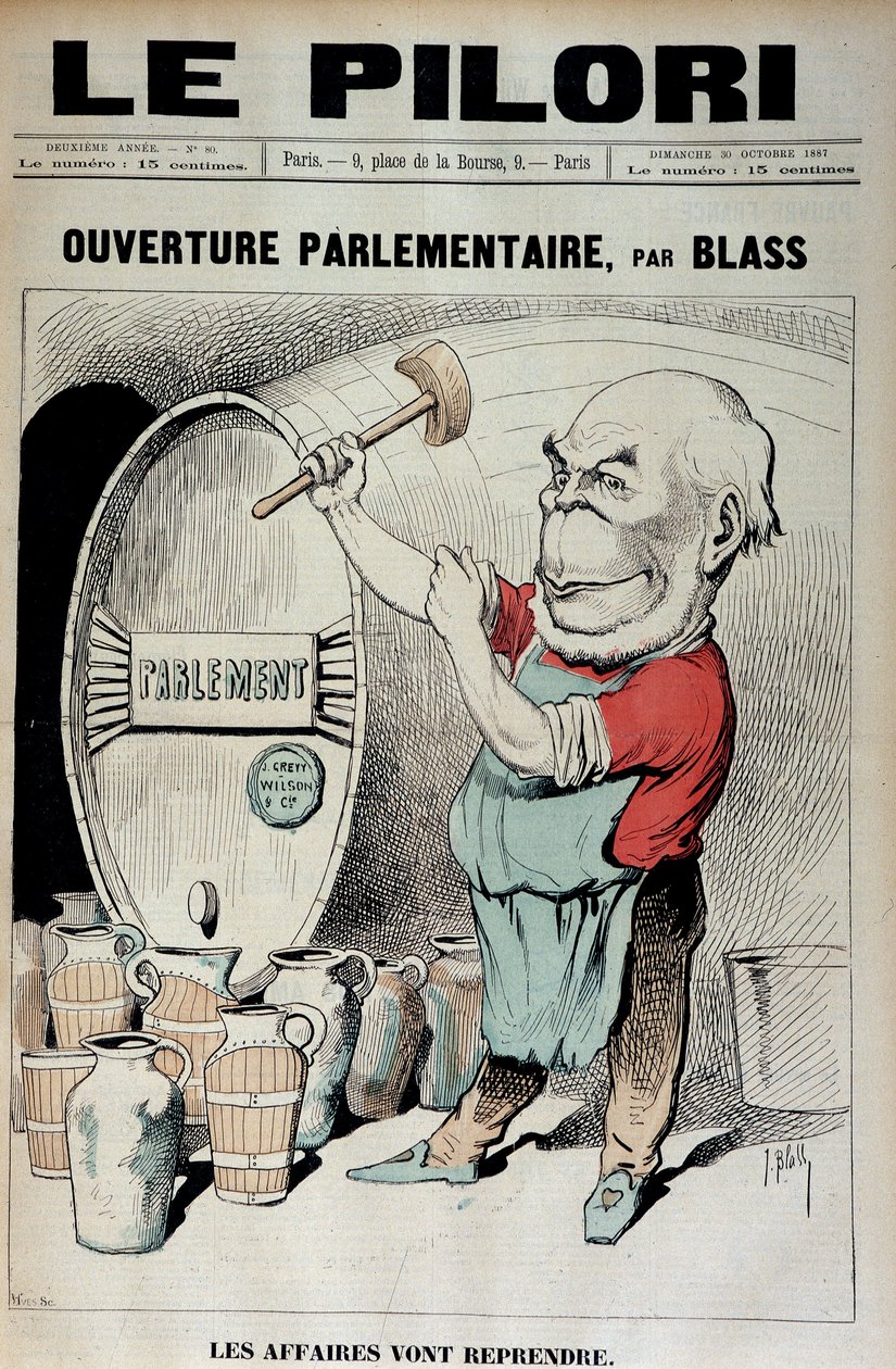 Parlamentin avajaiset: työt jatkuvat (Karikatyyri Daniel Wilsonin ja Jules Grevyn koristeskandaalista) - J. Blasin kuvitus (Albert Douat dit) (1847-1892). julkaisussa "" Le Pilori"" 30.10.1887 tekijältä J.  Blass
