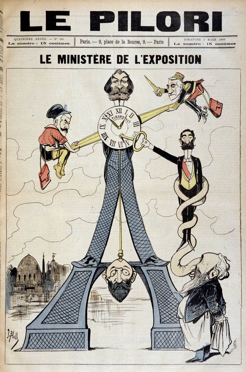 Näyttelyministeri (sarjakuva 1800-luvun lopun talousskandaaleista ja Eiffel-tornista). Kuvitus J. Blass