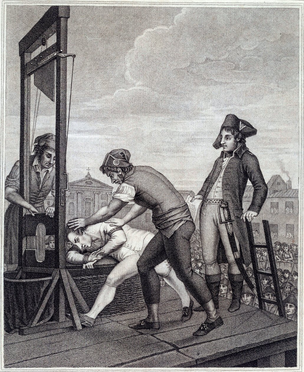Maximilian de Robespierren (1758-1794) teloituksella on giljotiini 28.7.1794 Place de la Concorde -kaiverruksella James Idnarpilan J. Beysin mukaan. noin 1799. Pariisi, Musee Carnavalet tekijältä J. (after) Beys