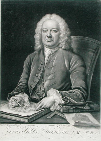 James Gibbsin (1682-1754) muotokuva, kaiverrus James McArdell (n. 1729-65) (kaiverrus) tekijältä J. (after) Williams
