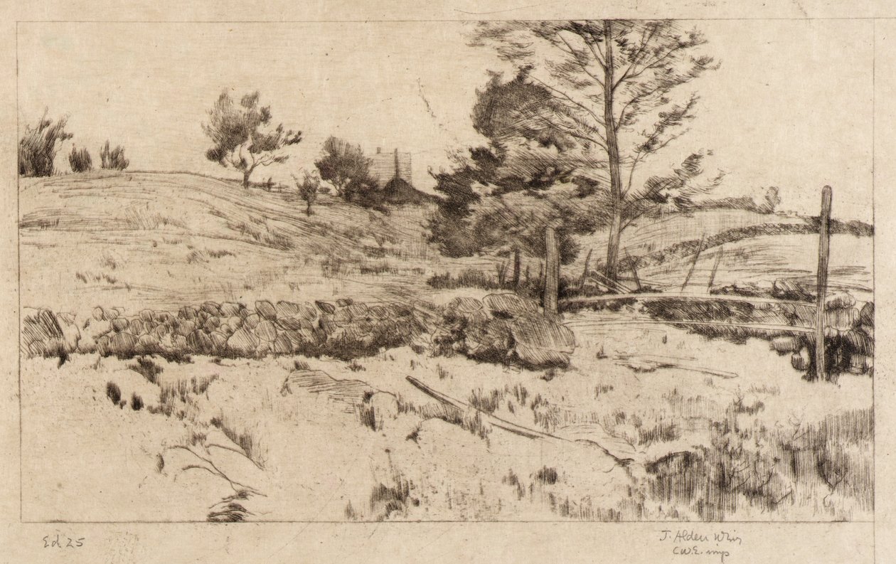 Maisema (peltojen luonnos) tekijältä J. Alden Weir