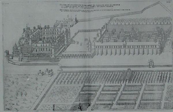 Chateau de Gaillon ja puutarhat, teoksesta "Les Plus Belles Bastiments de France", julkaistu 1570-luvulla (kaiverrus). tekijältä J. Androuet  Ducerceau