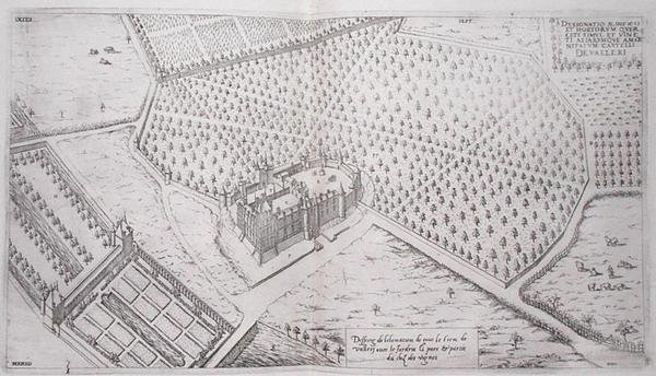 Chateau de Vallery, jossa on puutarhoja, puisto ja osa viinitarhaa, Les Plus Belles Bastiments de Francesta, julkaistu 1570-luvulla (kaiverrus) tekijältä J. Androuet  Ducerceau