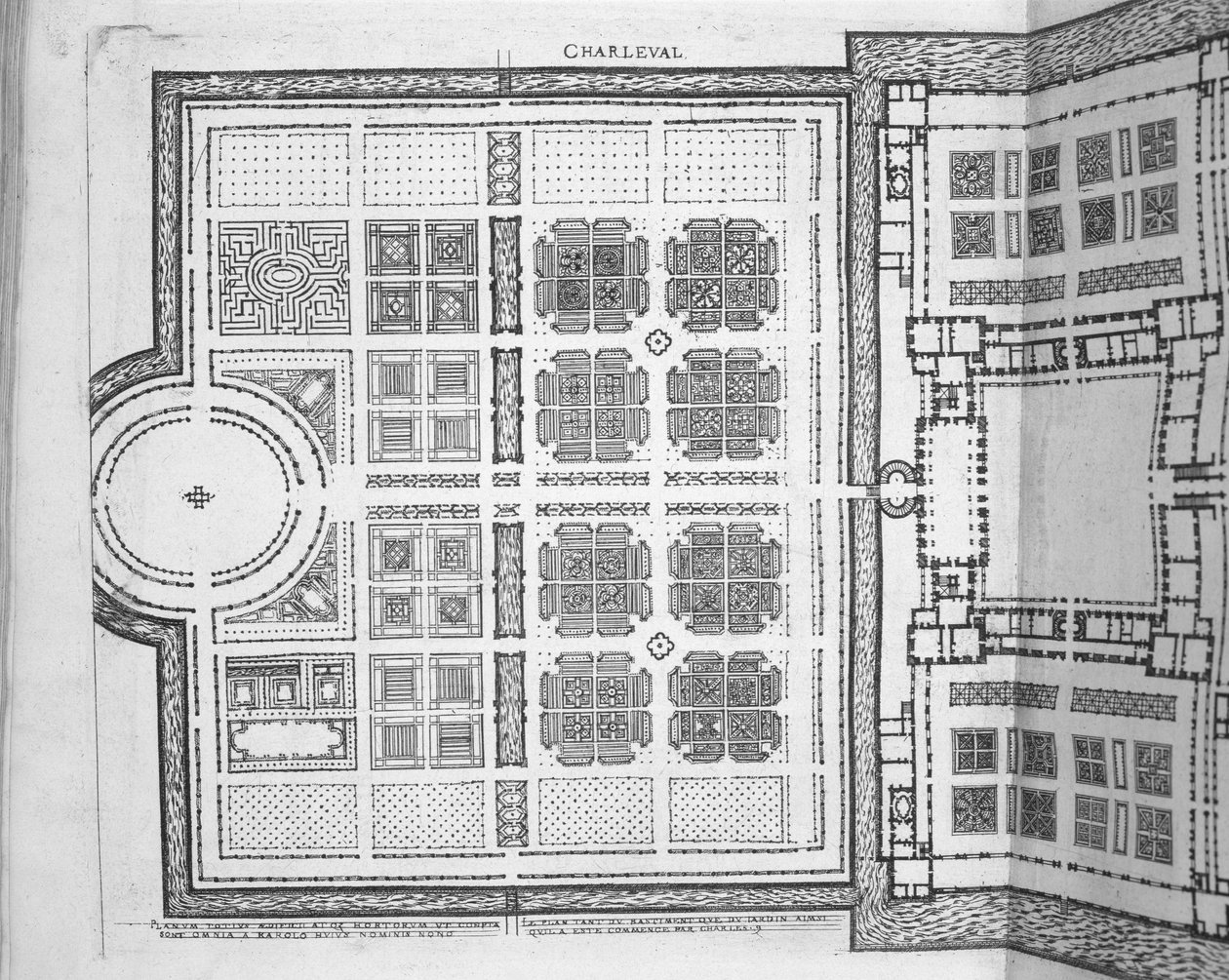 Gardens at Charleval, teoksesta "Les Plus Belles Bastiments de France", julkaistu 1570-luvulla (kaiverrus) tekijältä J. Androuet  Ducerceau