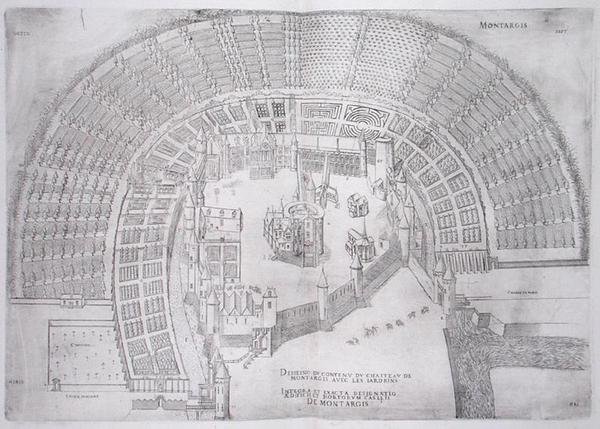 Montargisin linna ja sen puutarhat, Les Plus Belles Bastiments de Francesta, julkaistu 1570-luvulla (kaiverrus) tekijältä J. Androuet  Ducerceau