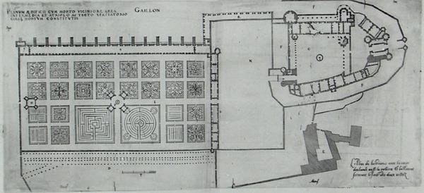 Kaava suljetuista puutarhoista ja Chateau de Gaillonista, Les Plus Belles Bastiments de Francesta, julkaistu 1570-luvulla (kaiverrus) tekijältä J. Androuet  Ducerceau