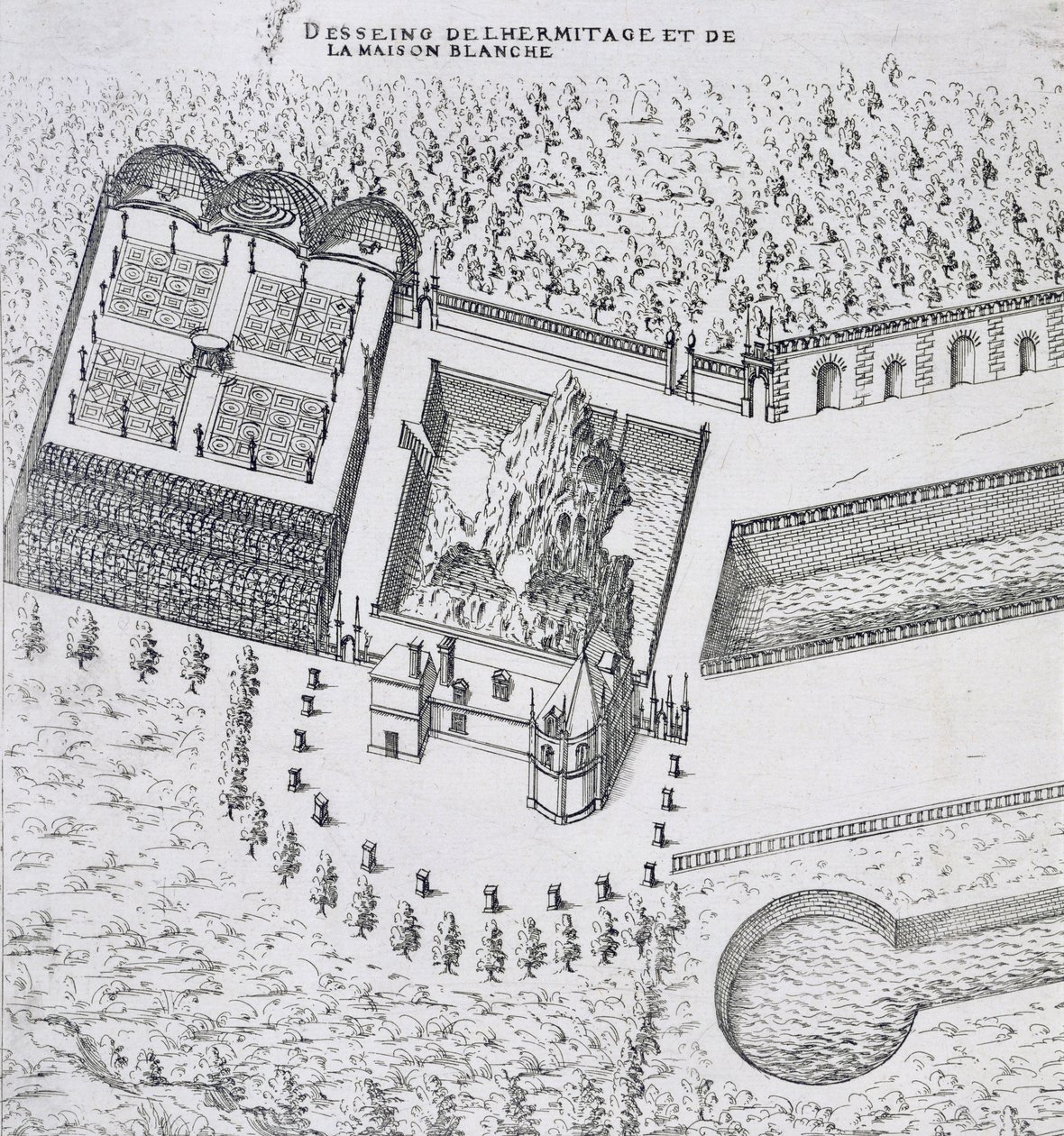Eremitaasi ja Maison Blanc Chateau de Gaillonissa, Les Plus Belles Bastiments de Francesta, julkaistu 1570-luvulla tekijältä J. Androuet Ducerceau